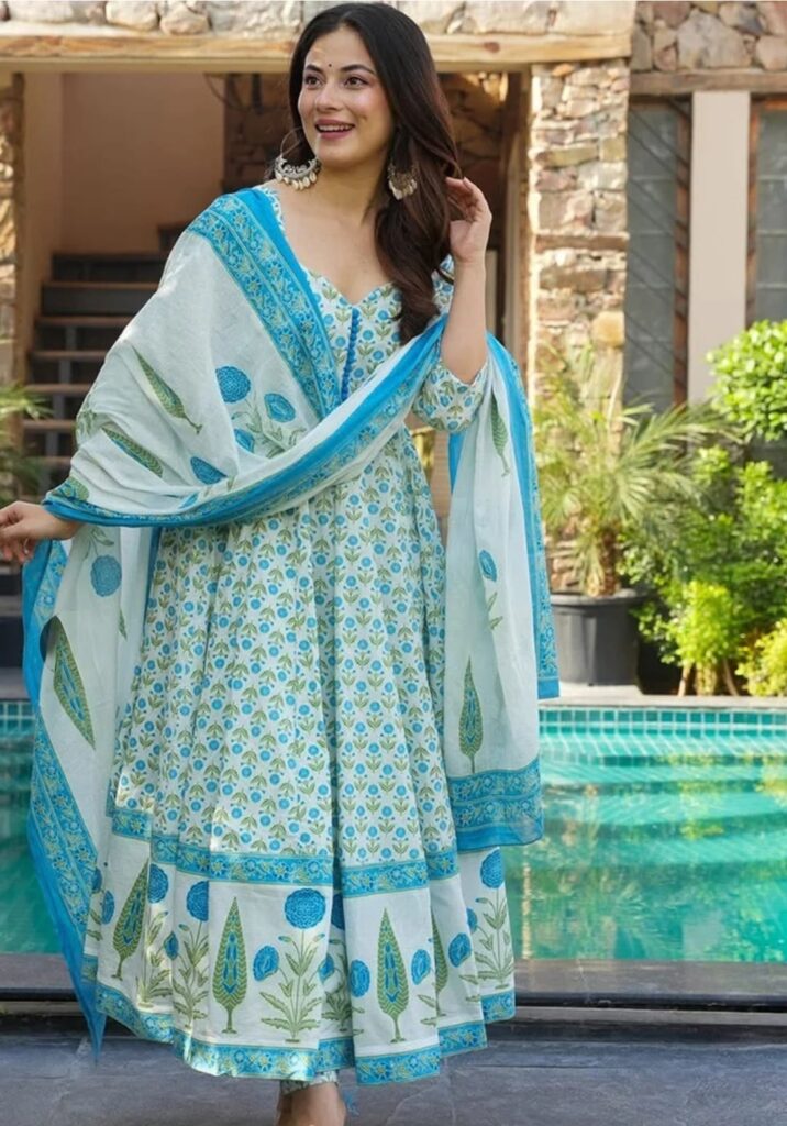 Floral block-print Anarkali kurta set