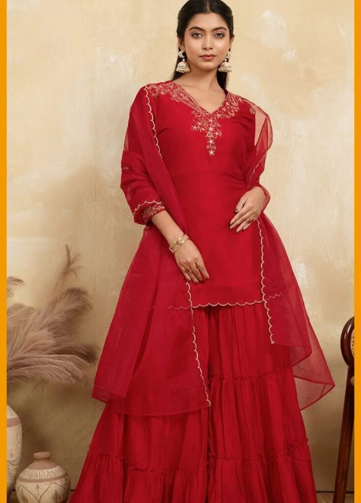 Crimson embroidered sharara suit set
