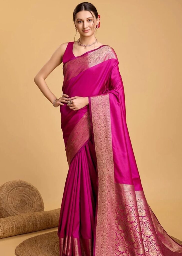 Rani pink saree with golden zari border