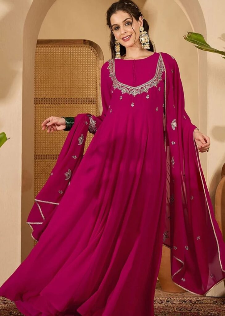 Rani pink embroidered gown with dupatta