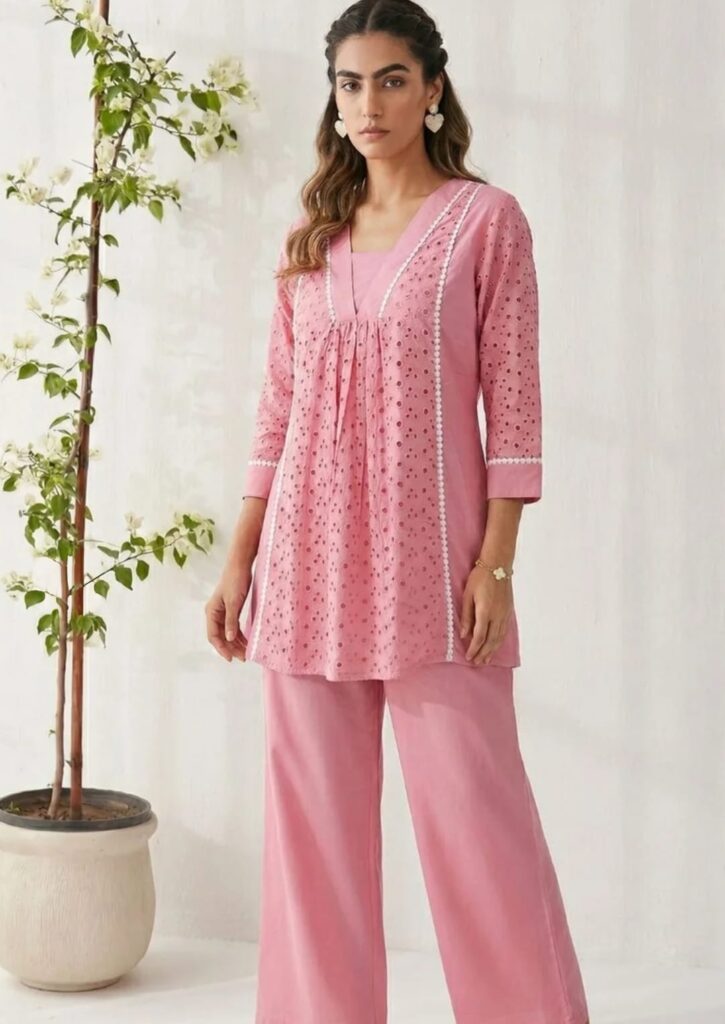 Pink chikankari kurta set with palazzo pants