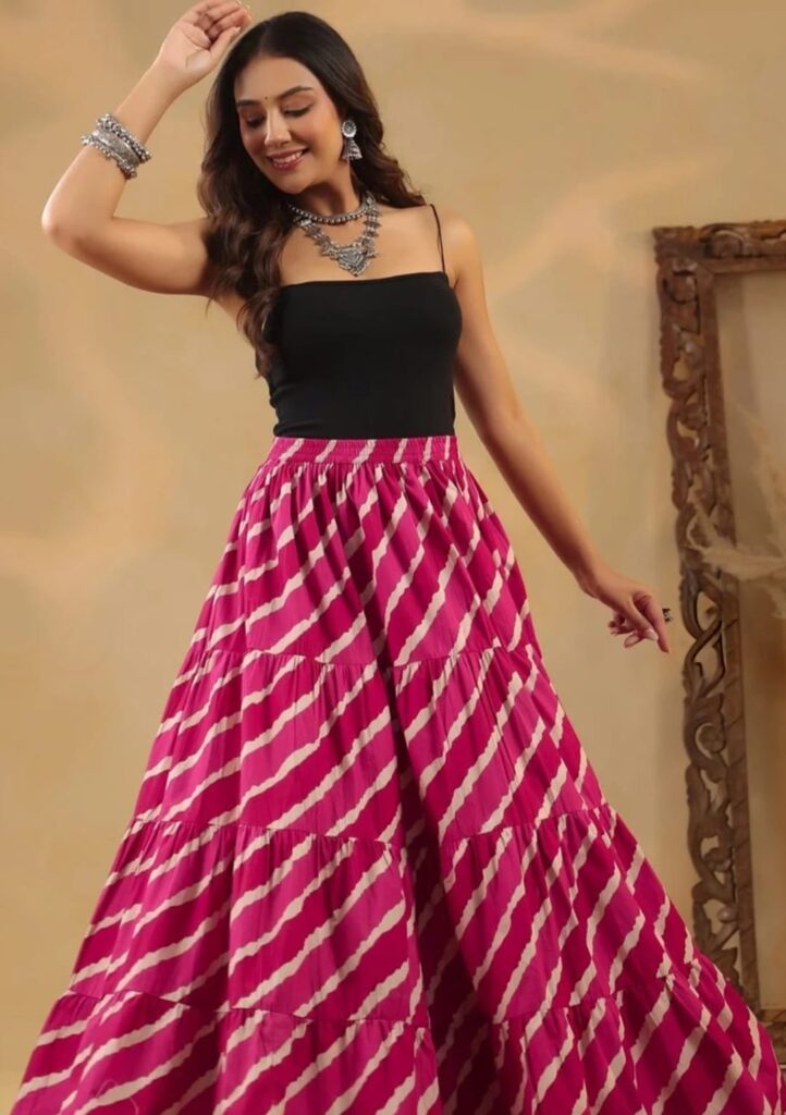 Pink leheriya tiered maxi skirt