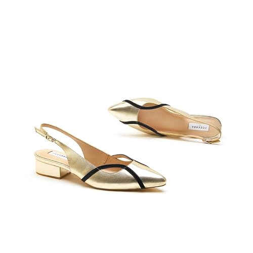 OCEEDEE Ayesha gold slingback shoes with black trim, pointed toes and low block heels