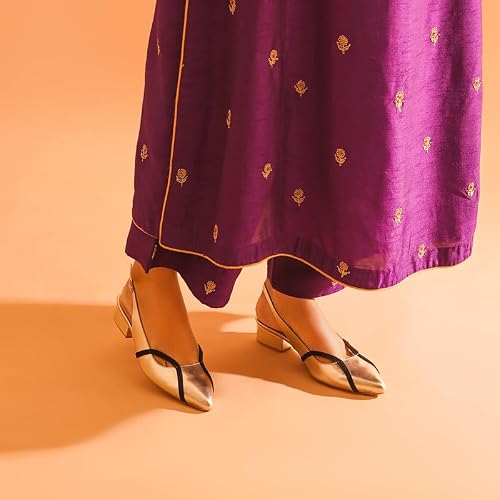 OCEEDEE Ayesha Gold Slingback Shoes: 3 Outfit Ideas Gold slingback shoes with black trim styled with a purple ethnic outfit