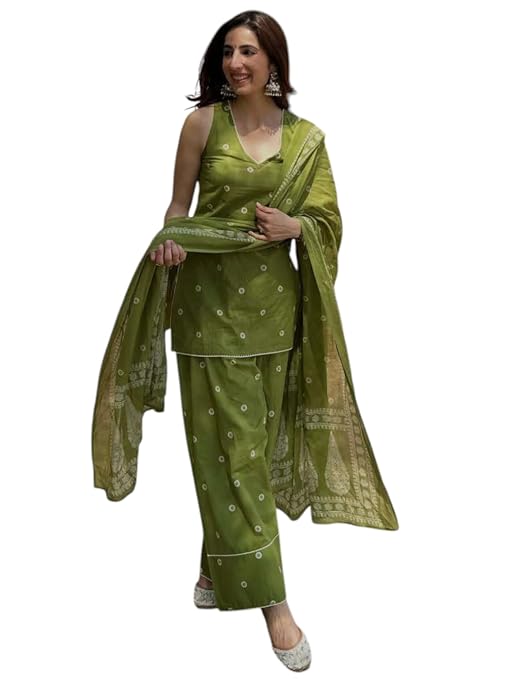 ANNI DESIGNER olive green Farshi salwar suit with sleeveless kurta and printed dupatta