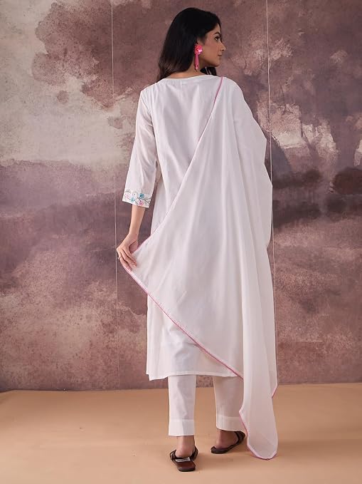  Back view of light-coloured INDO ERA kurta set with matching pants and pink-edged dupatta