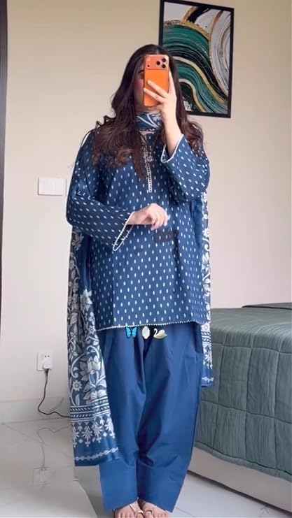 Full-length view of blue straight kurta set with floral dupatta