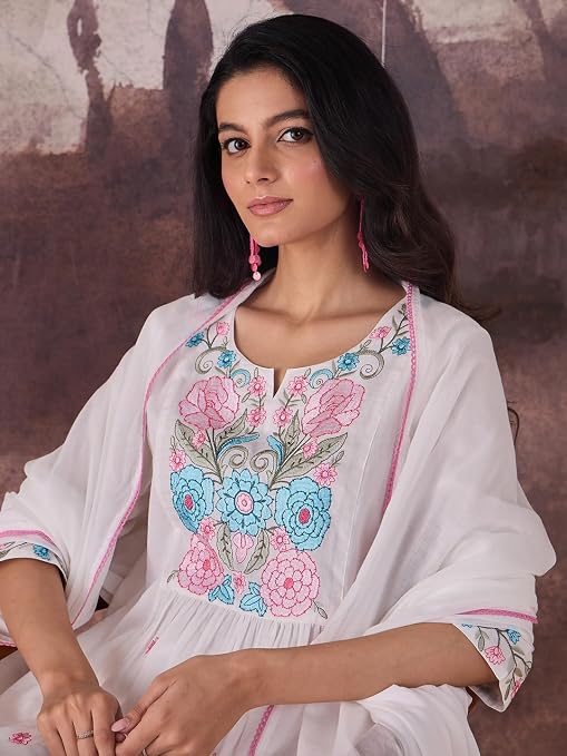 Pink and blue floral embroidery on the neckline of an INDO ERA A-line kurta
