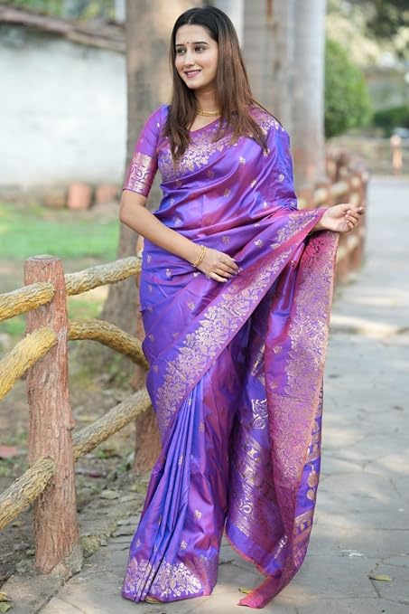 Full view of a purple SGF11 saree with small gold-tone motifs and contrasting pallu