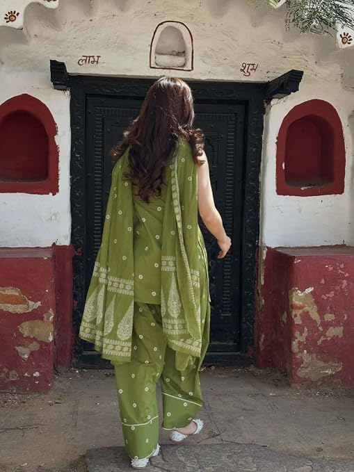 Back view of olive green printed kurta set with patterned dupatta