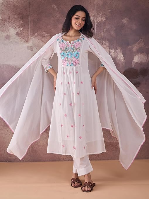 Front view of INDO ERA embroidered A-line kurta with matching straight-cut pants and dupatta