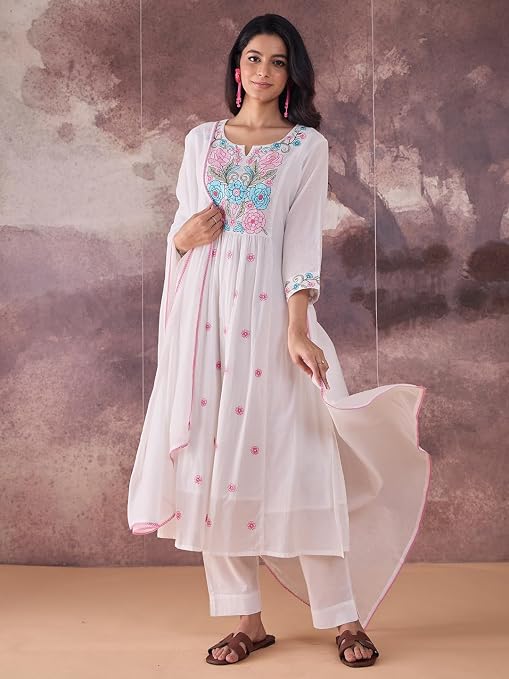 Model displaying the matching pink-edged dupatta with an INDO ERA embroidered kurta set