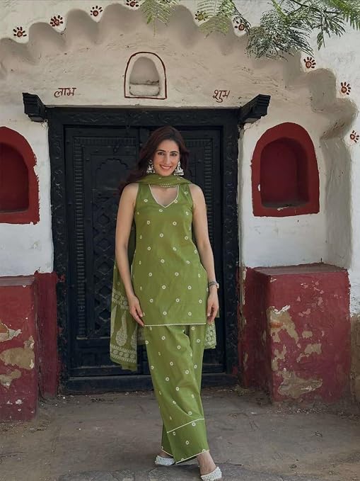 Front view of olive green sleeveless V-neck kurta and matching salwar trousers