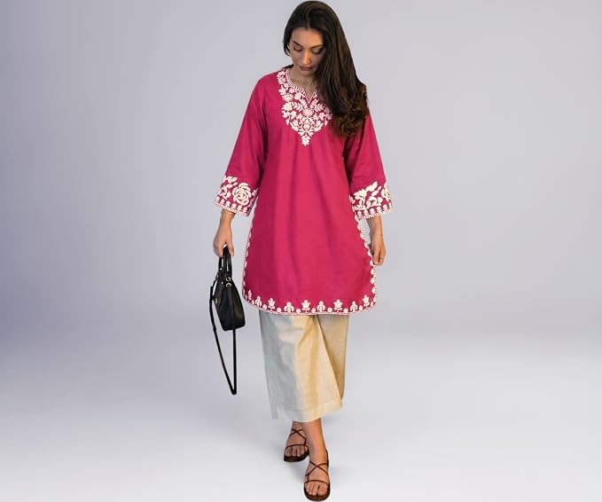 ANNI DESIGNER pink embroidered kurta with cream wide-leg palazzos