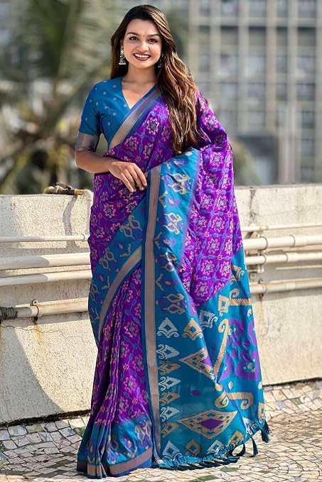 Full-length front view of SGF11 purple and blue Kanjivaram Patola saree