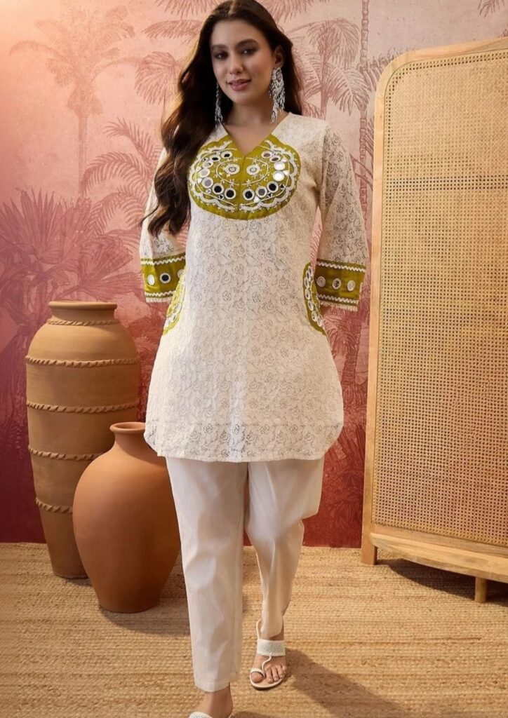 ✨ Elegant White Lace Kurta Set with Mirror Work