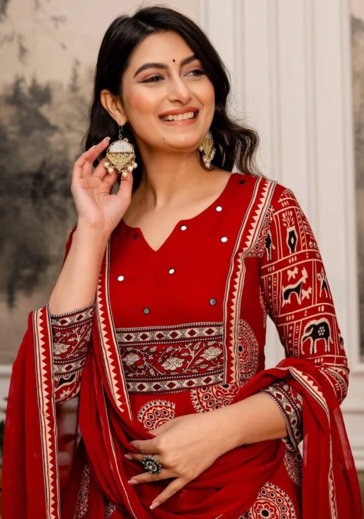 Women’s red printed Anarkali kurta set