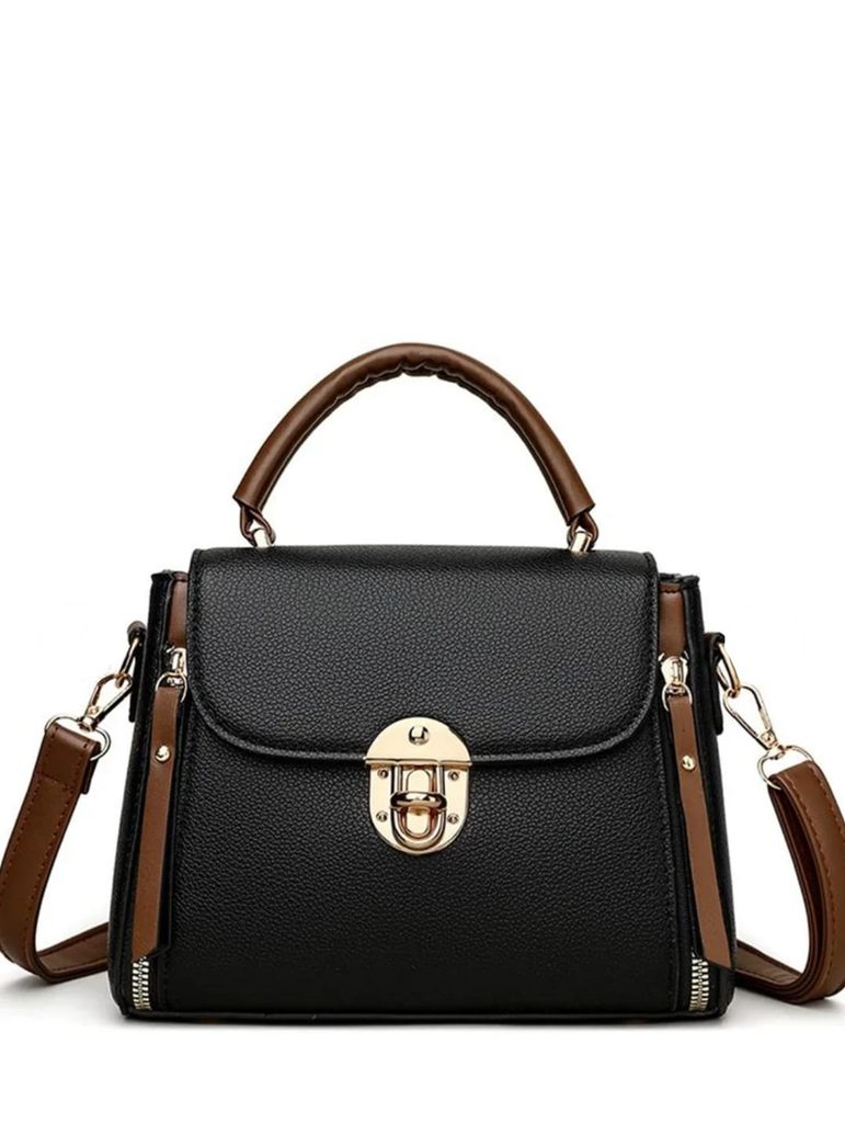 Black and brown handbag showing textured finish, shoulder strap and gold-tone clasp”