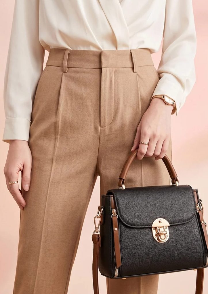 Woman holding a black and brown handbag with a top handle and gold-tone fastening