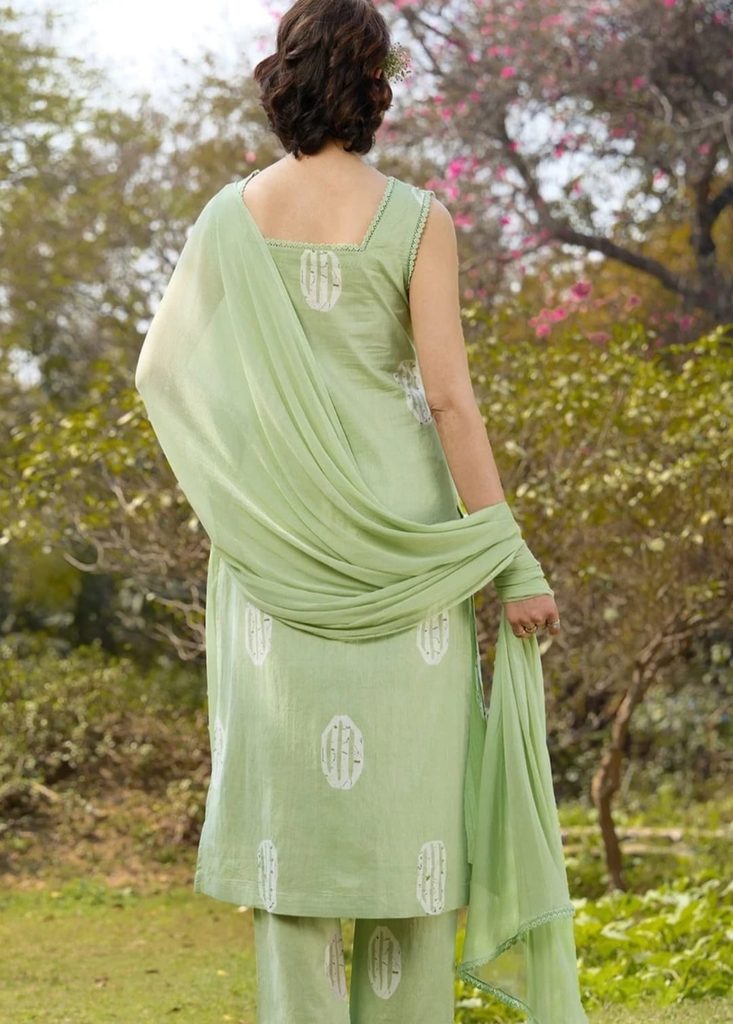Back view of Khushal K light green printed sleeveless kurta