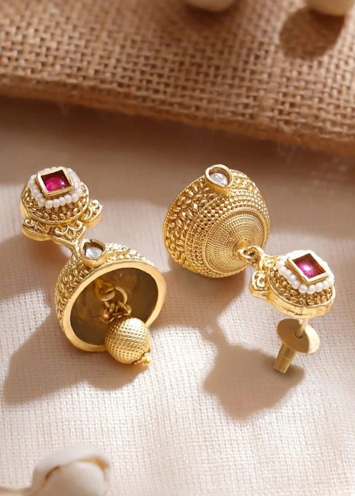 Side and underside details of Rubans gold-plated jhumka earrings