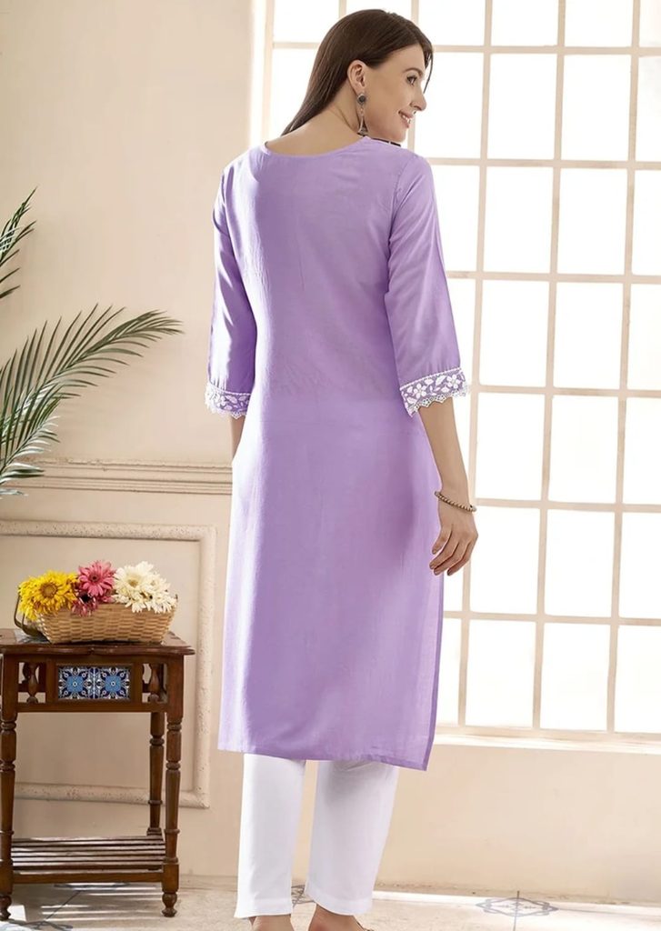 Back view of Anouk lavender kurta with embroidered sleeve cuffs