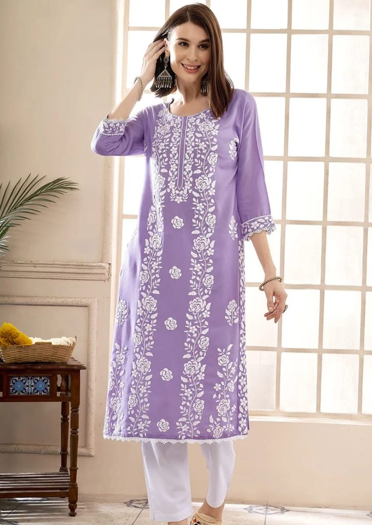 Front view of Anouk lavender Chikankari kurta with white floral embroidery