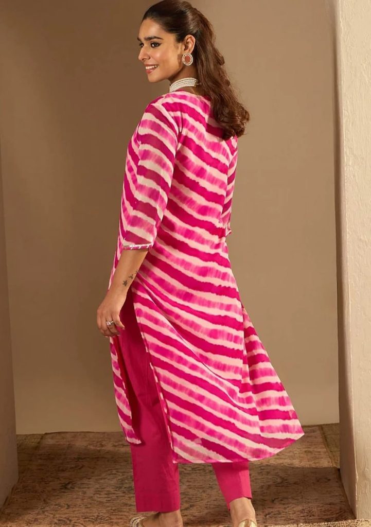 Back view of Indo Era pink Leheriya striped kurta