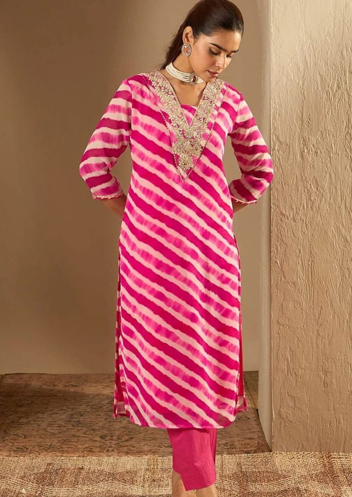 Indo Era pink Leheriya kurta with embroidered neckline and three-quarter sleeves