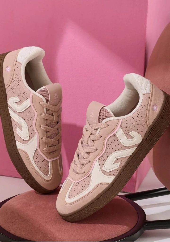 Campus pink sneakers with cream accents and brown soles
