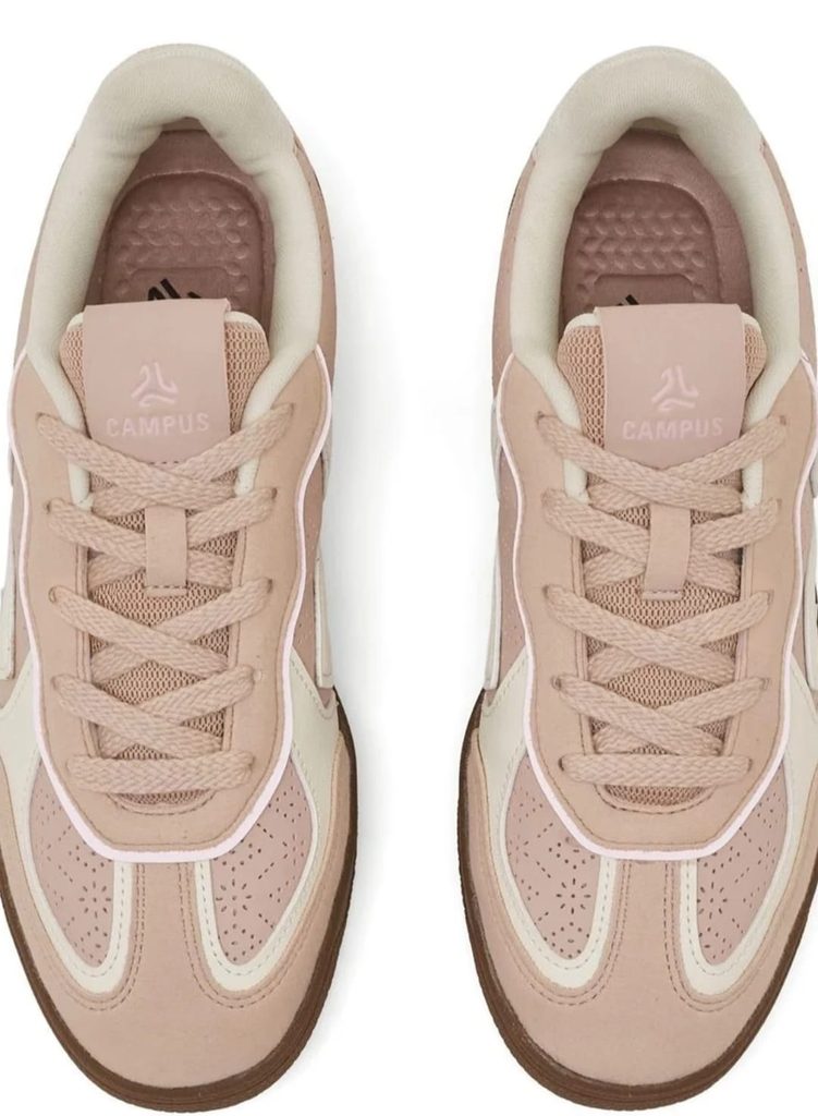Top view of Campus pink sneakers showing laces and branded tongues