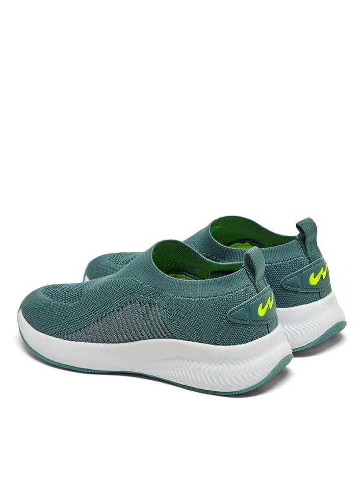 Rear view of Campus teal green sneakers with heel pull tabs