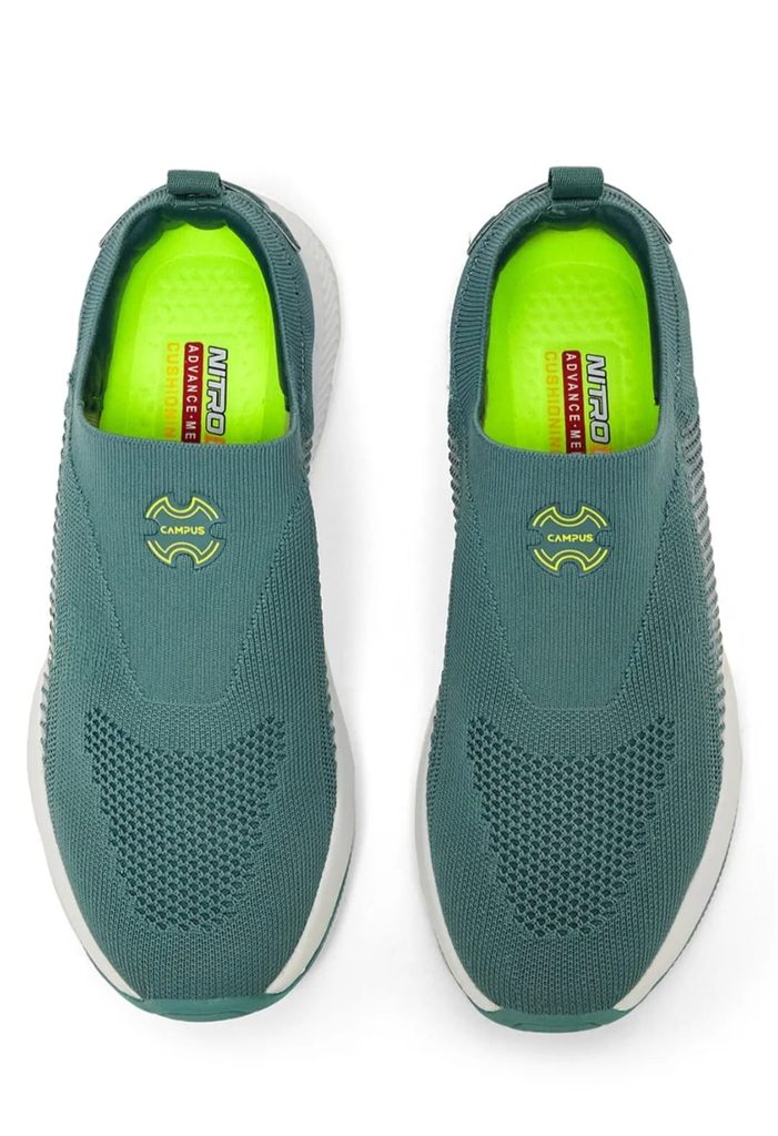 Top view of Campus SUAVE sneakers showing woven uppers and lime-green insoles